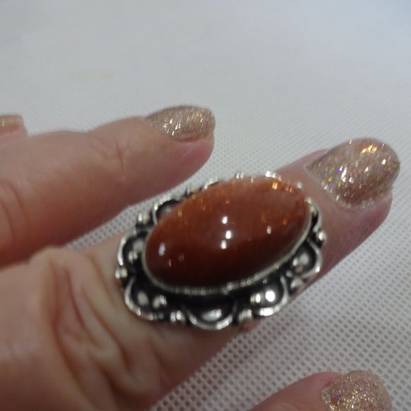 Sparkling "GOLD SUNSTONE" Handmade Sterling Ring Size 7.25 #281A - Picture 2 of 3